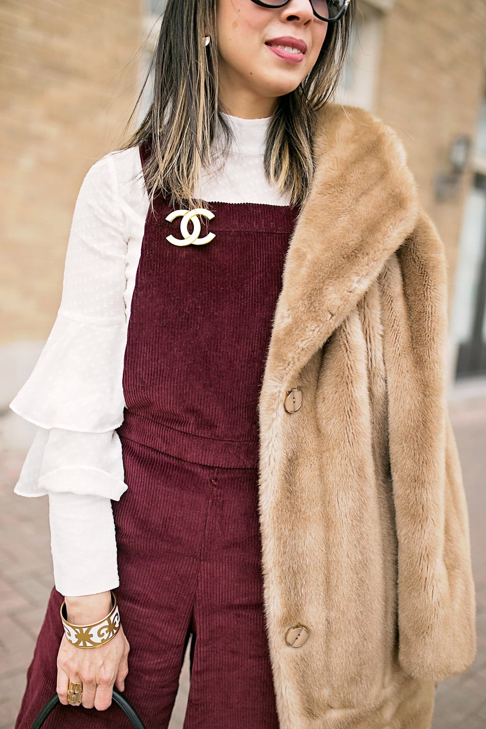target corduroy overalls with olivia palermo chelsea28 ruffle sleeve top, faux fur coat and chanel brooch