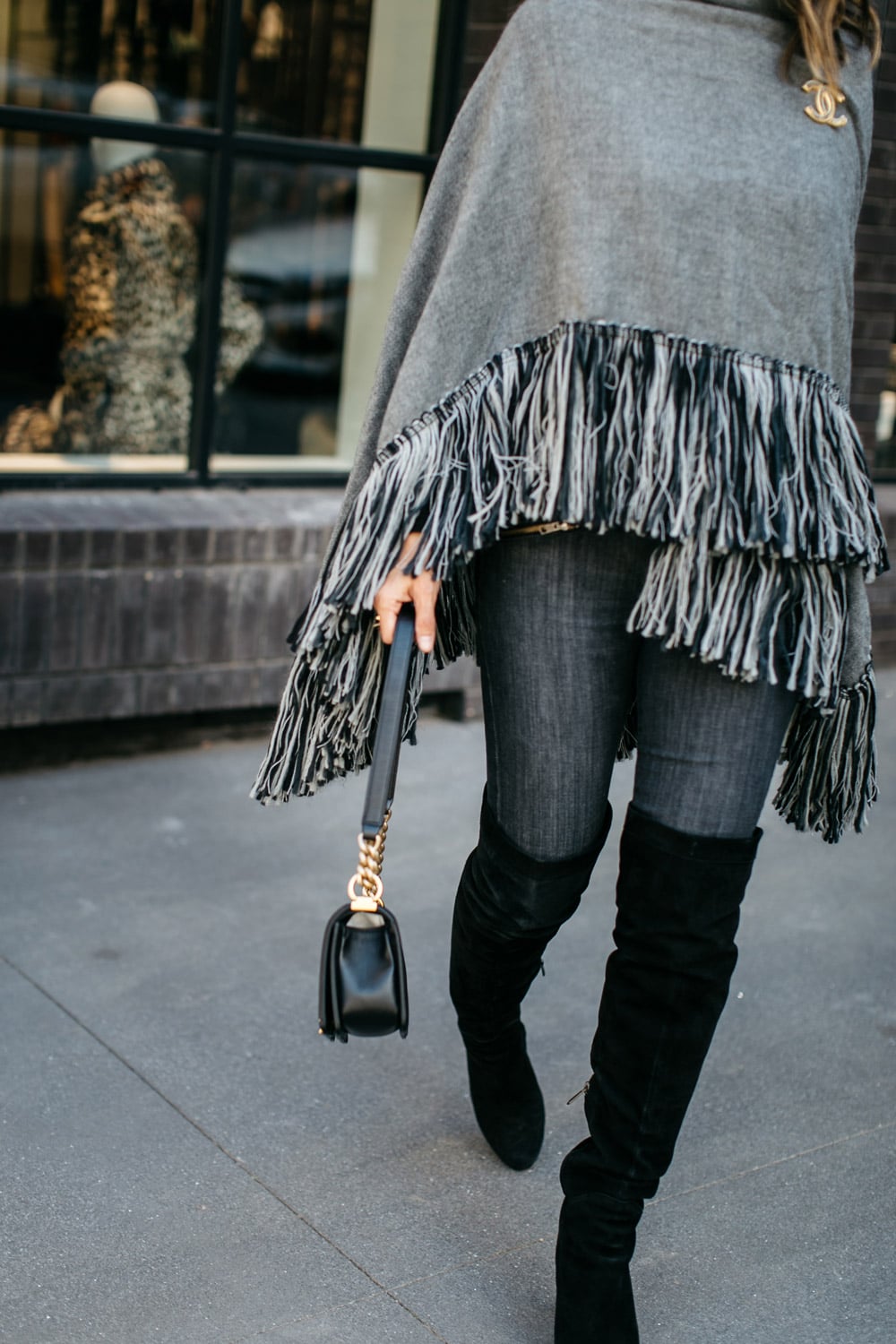 who what wear grey fringe poncho with current elliot skinny jeans and sam edelman otk kayla boots
