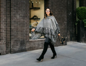 who what wear grey fringe poncho with current elliot skinny jeans and sam edelman otk kayla boots and chanel brooch boy bag
