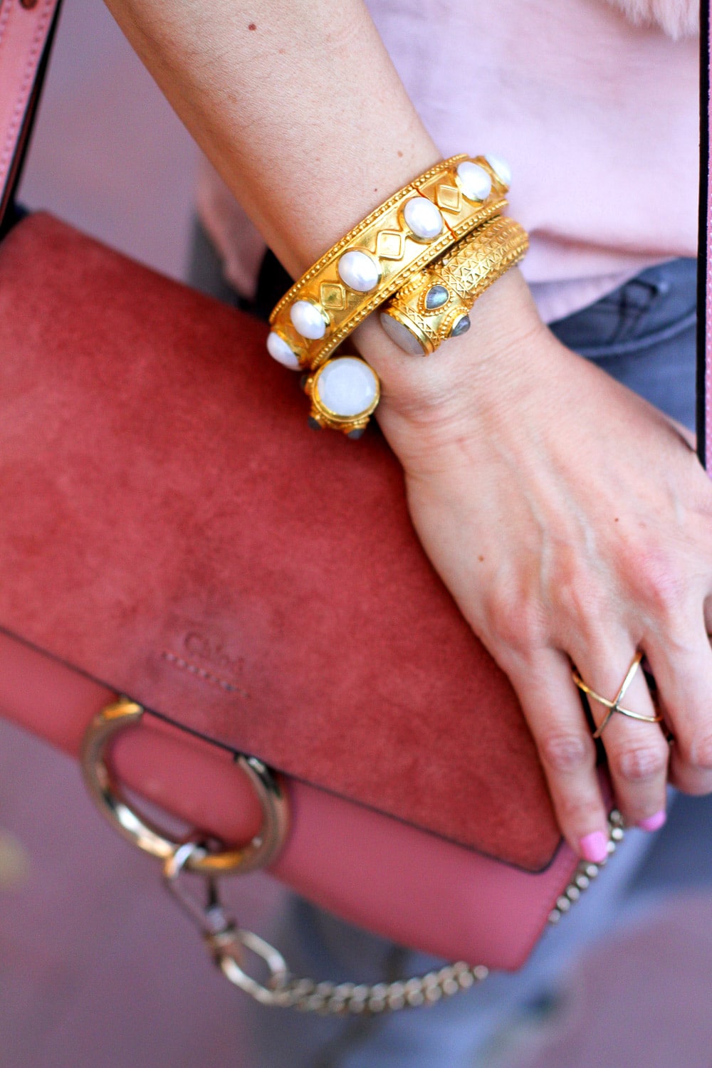 julie vos baroque bracelet, chloe faye rose pink bag