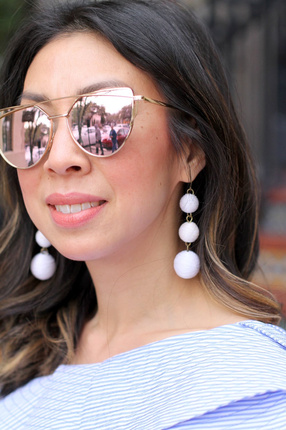 stylekeepers ruffle one shoulder top and baublebar white crispin drop earrings, T+J design rosegold sunglasses 