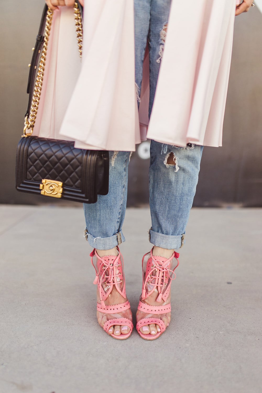 charles youssef pink pleated tunic top with boyfriend jeans, oscar de la renta pink oxford heels and chanel boy bag