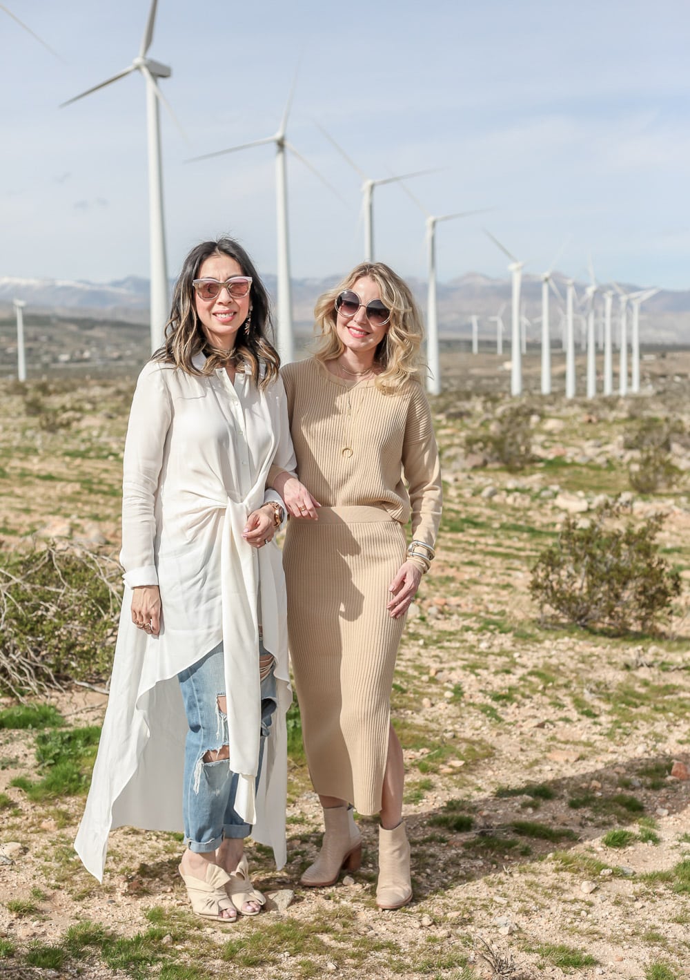palmer harding waterfall shirt with ripped boyfriend jeans and charlotte olympia ilona bow mules at palms springs wind farm and blogger friend erin of busbee style