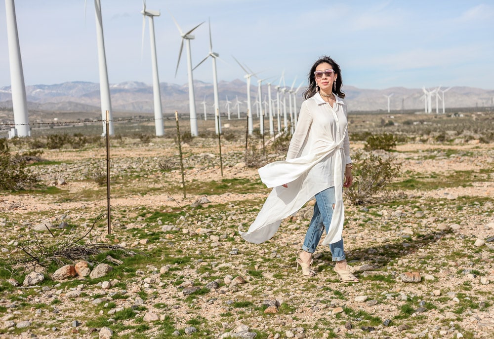 palmer harding waterfall shirt with ripped boyfriend jeans and charlotte olympia ilona bow mules at palms springs wind farm 
