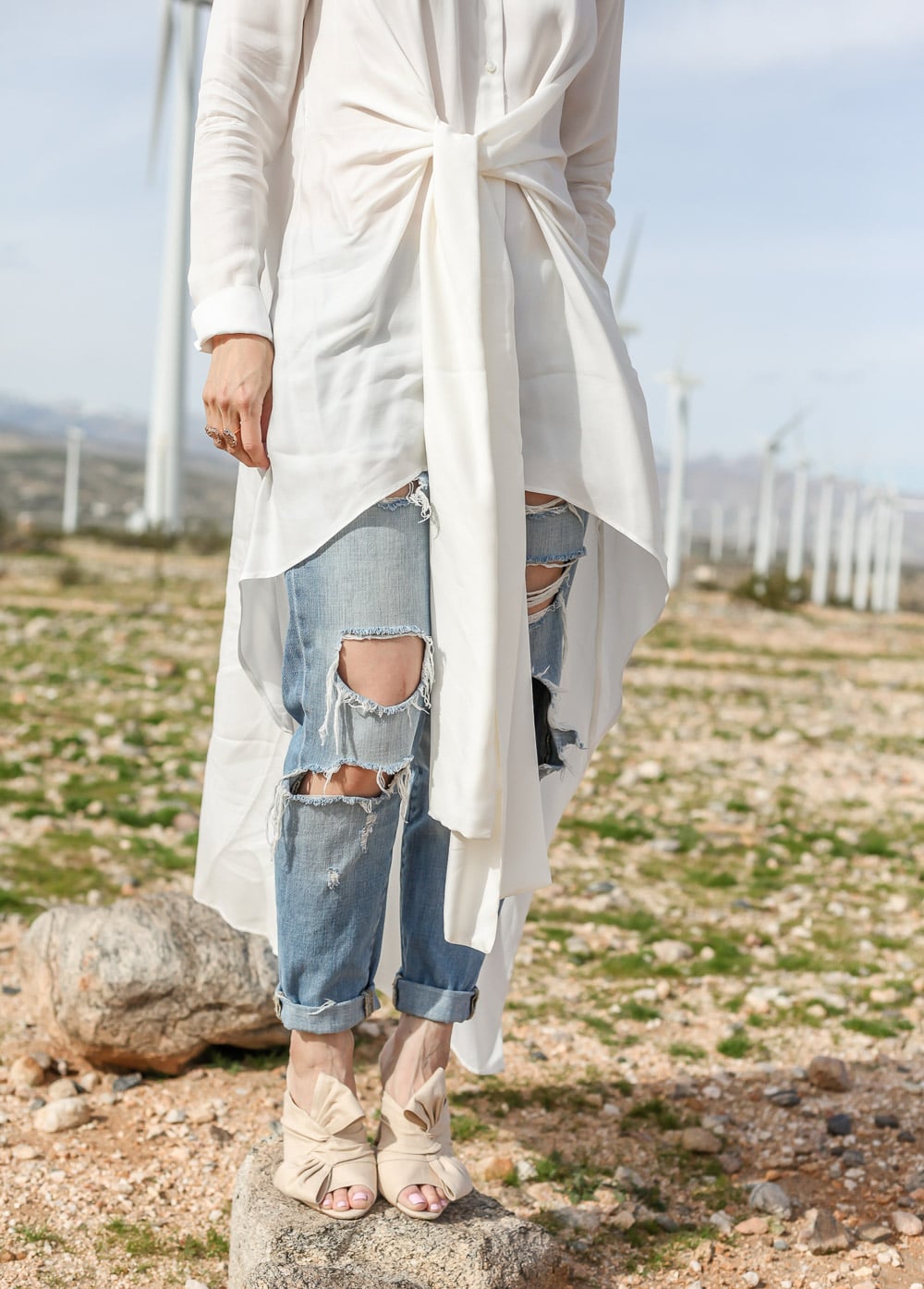 palmer harding waterfall shirt with ripped boyfriend jeans and charlotte olympia ilona bow mules at palms springs wind farm 