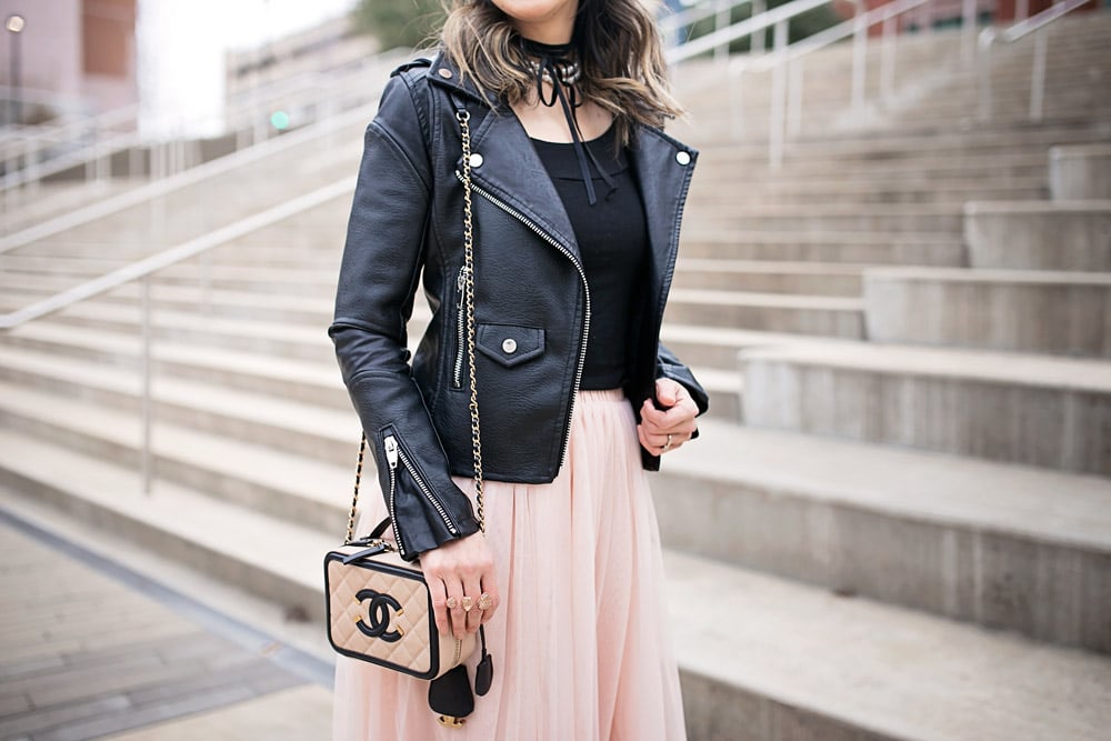ballet trend pink tulle skirt with blanknyc black moto jacket, chanel filigree vanity bag