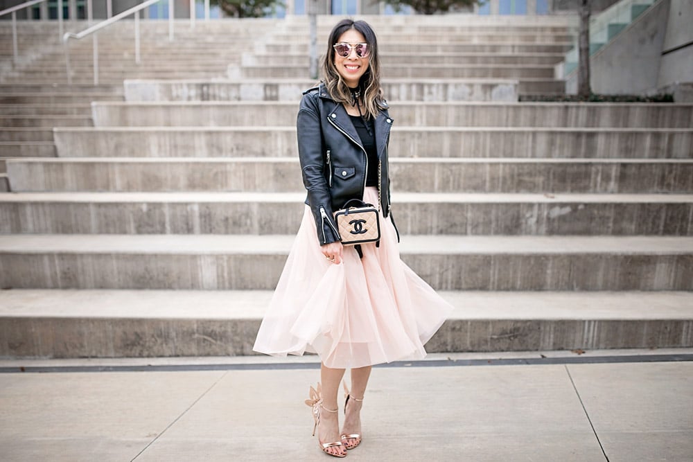 ballet trend pink tulle skirt with blanknyc black moto jacket, sophia webster chiara heel and chanel filigree vanity bag