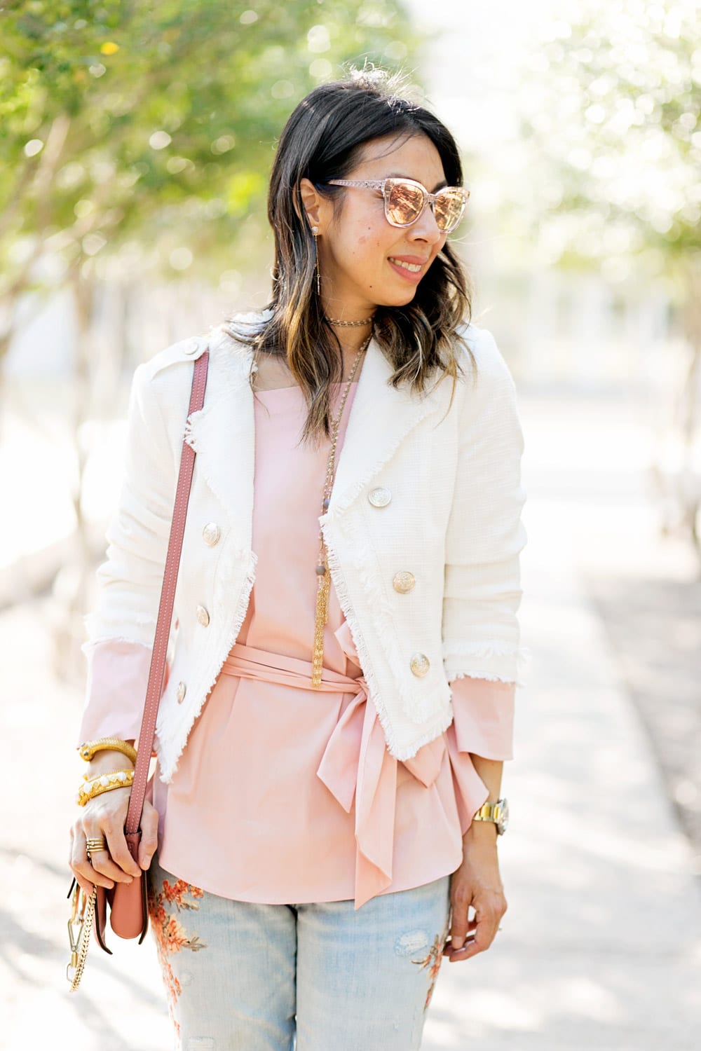whbm pink off the shoulder top and tweed admiral jacket with rose pink chloe faye bag