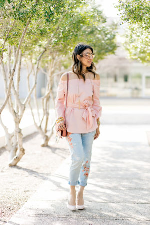 whbm pink off the shoulder top and embroidered girlfriend jeans with rose pink chloe faye bag