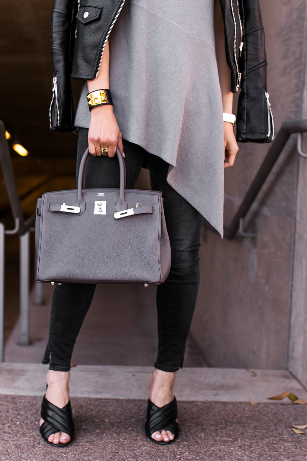 grey and black outfit, brochu walker asymmetrical hem top with hermes birkin 30 etaine bag and black gucci webby heels