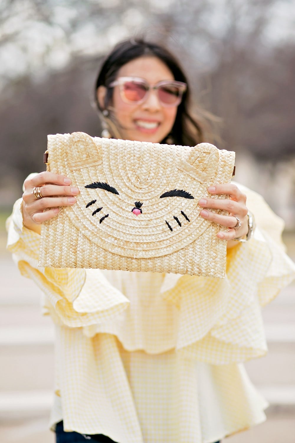 happy cat straw clutch, spring outfit idea