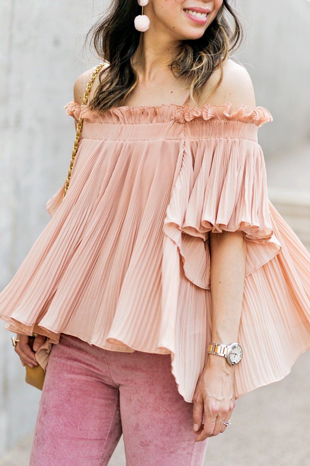 baublebar bahama pink pom pm earrings with endless rose pink pleated off the shoulder top, spring outfit idea 