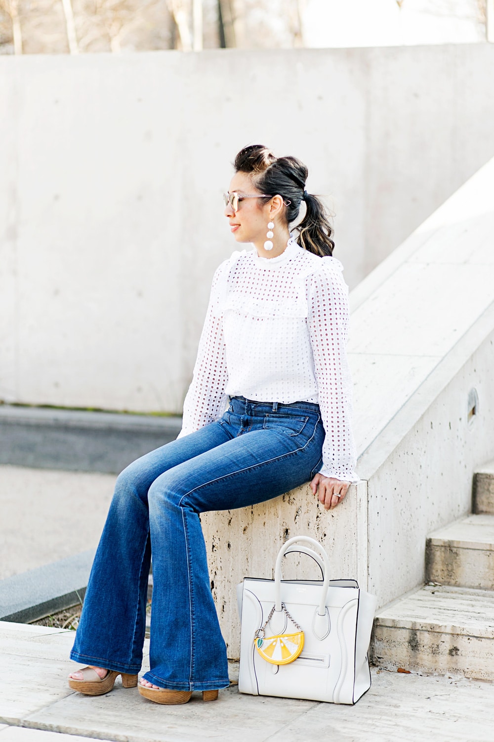 who what wear x target eyelet top w/ baublebar crispin drop earrings and jbrand flare jeans, celine white luggage tote, how to make a cheap top look expensive