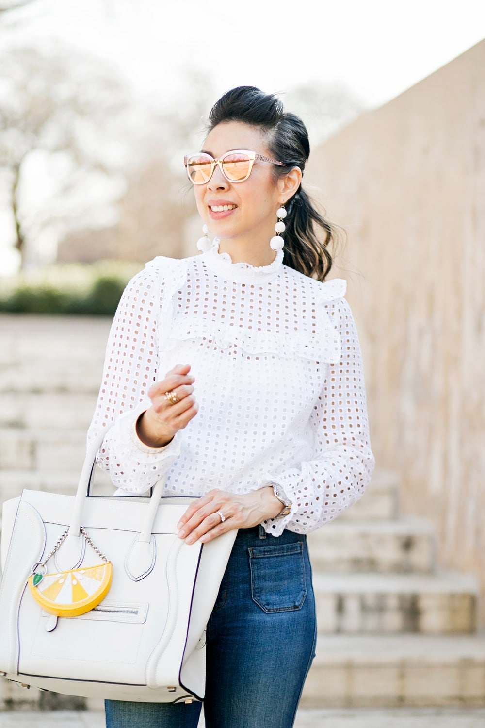 who what wear x target eyelet top w/ baublebar crispin drop earrings, celine white luggage tote, how to make a cheap top look expensive