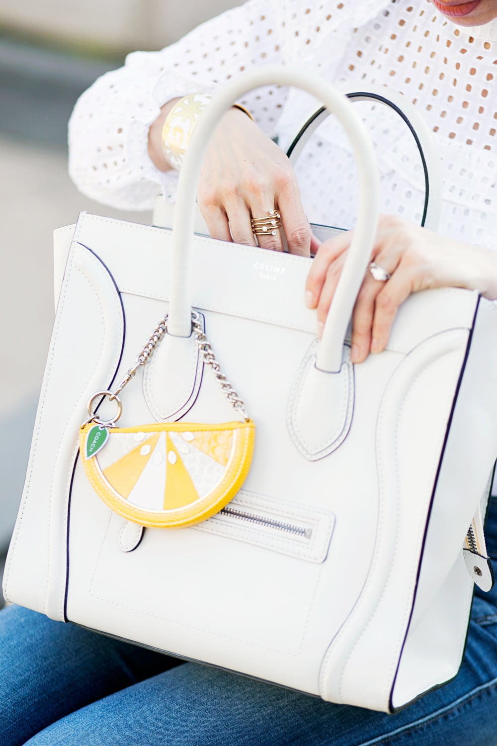 celine white luggage tote w/coach lemon coin purse bag charm