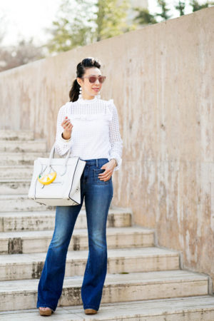 who what wear x target eyelet top w/ baublebar crispin drop earrings and jbrand flare jeans, celine white luggage tote, how to make a cheap top look expensive