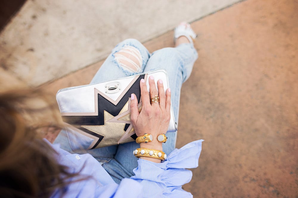 miu miu silver star clutch with julie vos bangles and levi's wedgie icon selvedge jeans