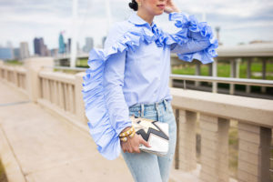 stylekeepers ruffle button up shirt with levi's wedgie icon selvedge jeans and miu miu silver start clutch at margaret hunt hill bridge dallas