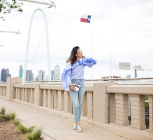 stylekeepers ruffle button up shirt with levi's wedgie icon selvedge jeans and gucci marmont silver mules at margaret hunt hill bridge dallas
