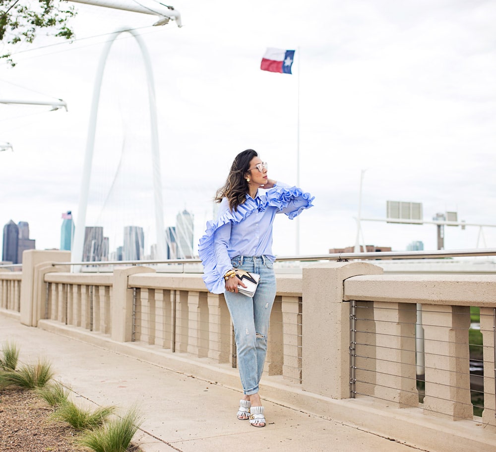 stylekeepers ruffle button up shirt with levi's wedgie icon selvedge jeans and gucci marmont silver mules at margaret hunt hill bridge dallas
