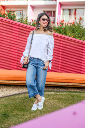free people show me some shoulder off the shoulder top, target cropped wide leg denim culottes, how to wear superga creeper sneakers