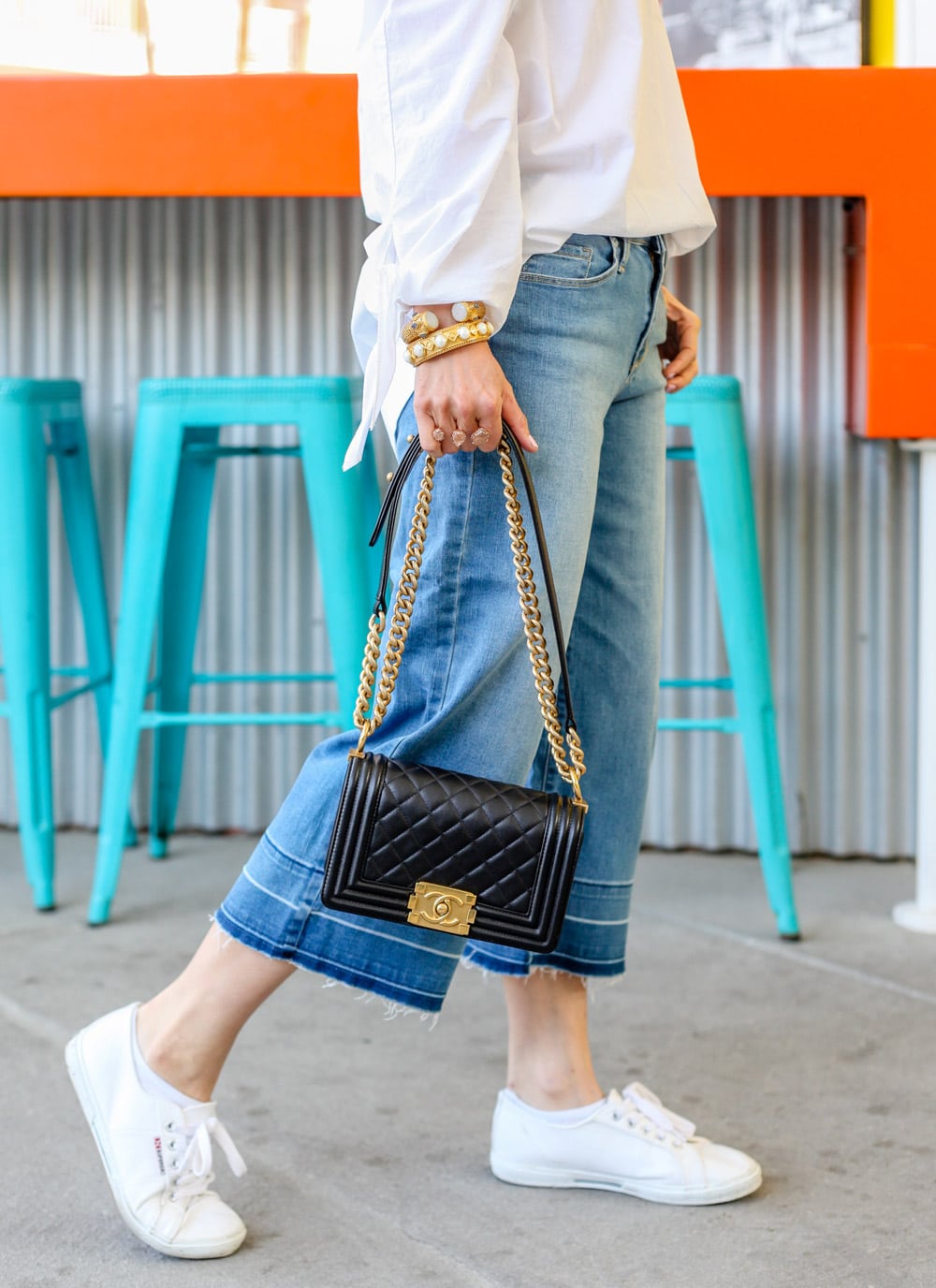 free people show me some shoulder off the shoulder top, target cropped wide leg denim culottes, how to wear superga creeper sneakers and chanel boy bag