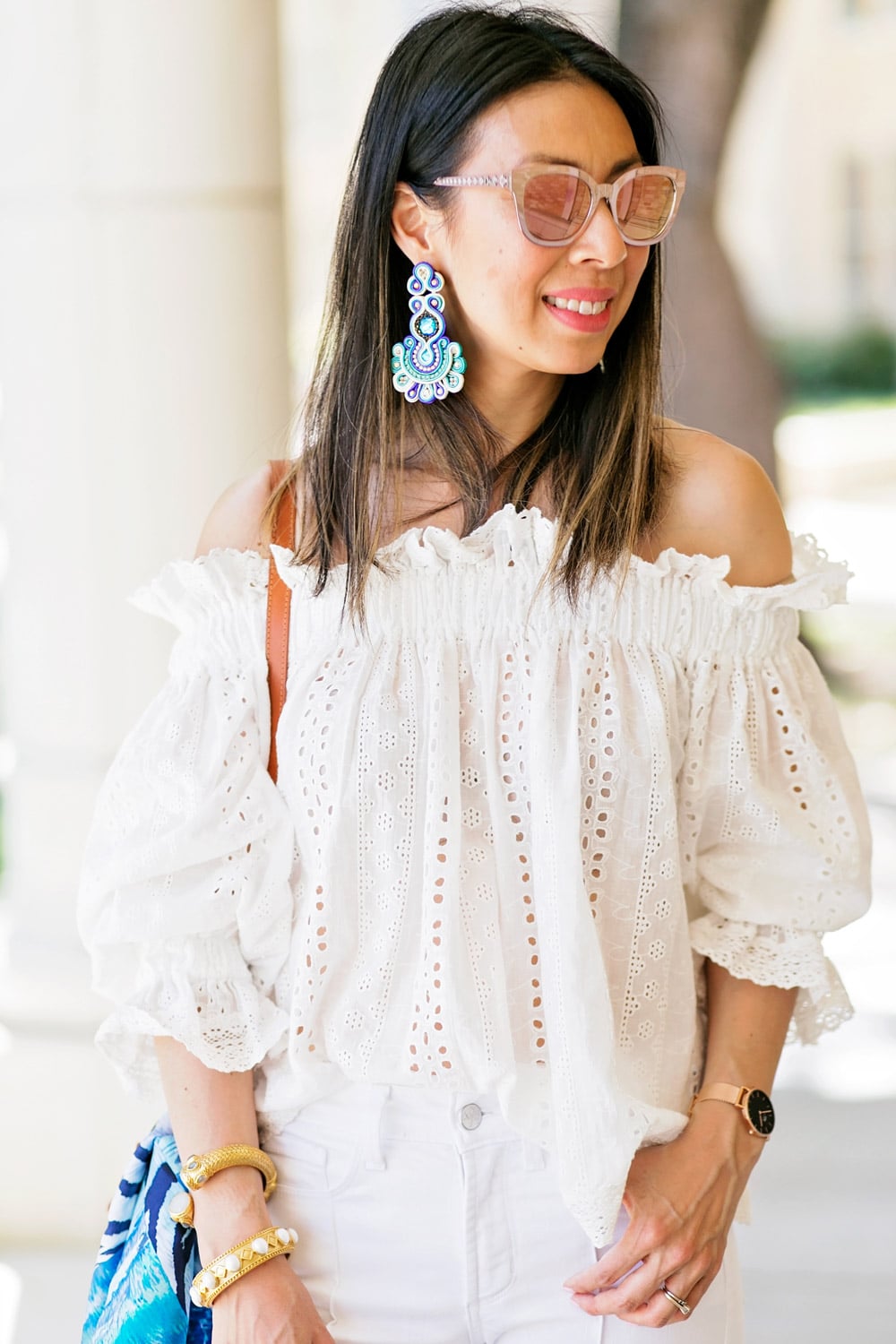 endless rose eyelet off the shoulder top with Alejandra Aspillaga statement earrings, spring all white outfit idea