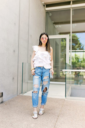 beehive one shoulder ruffle statement top with target ripped boyfriend jeans and gucci marmont silver cracked mules, miu miu star clutch