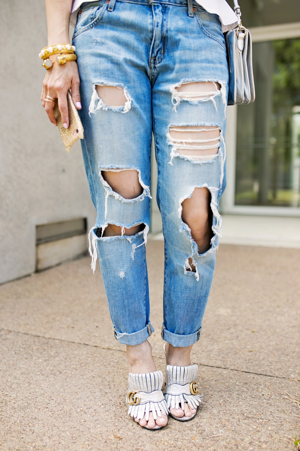 target ripped boyfriend jeans and gucci marmont silver cracked mules