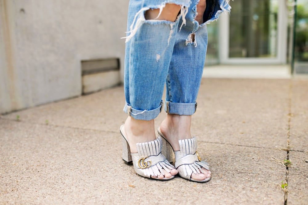 target ripped boyfriend jeans and gucci marmont silver cracked mules