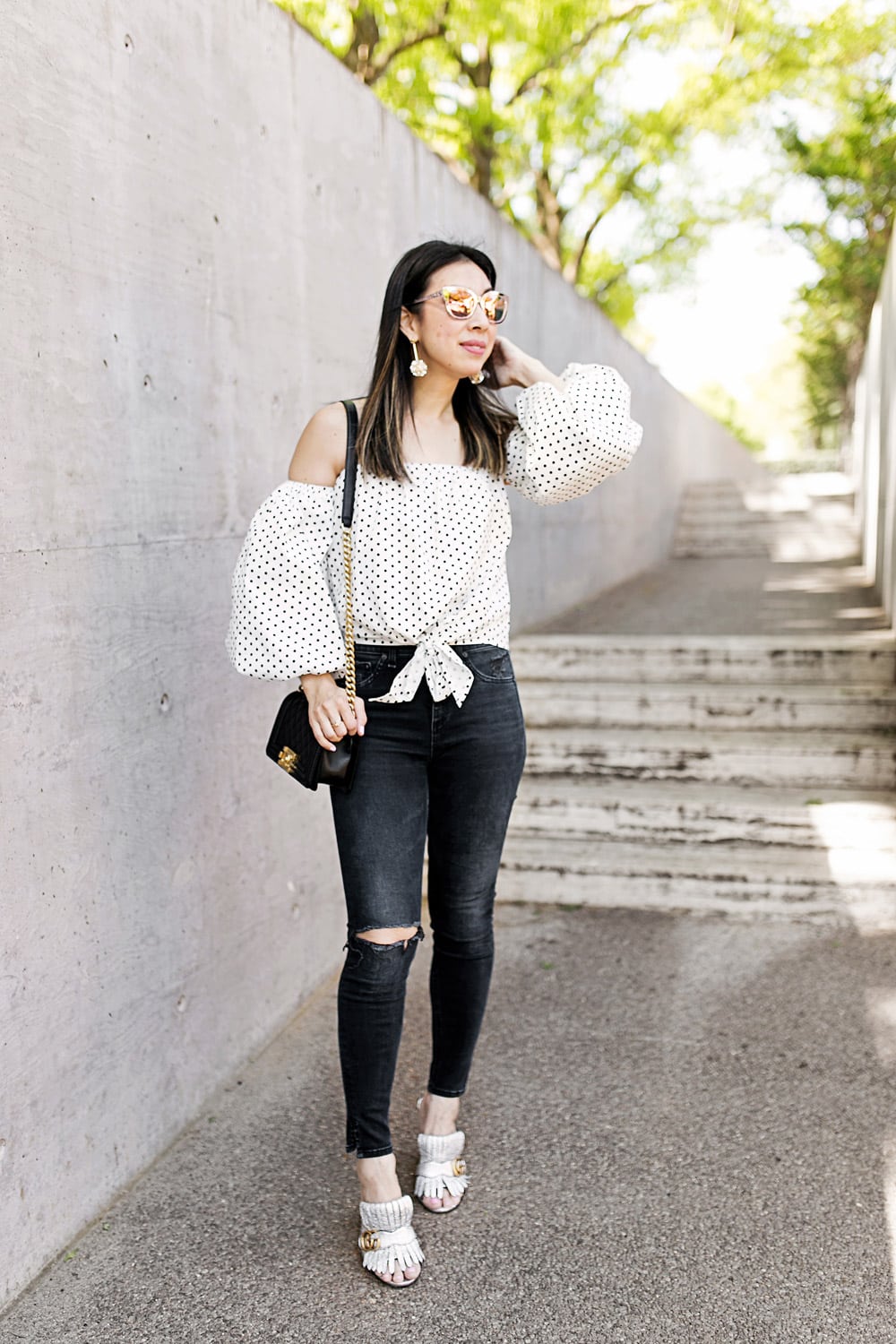 Style of Sam | Polka Dot Puff Sleeve Off the Shoulder Top