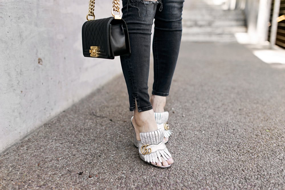 chanel boy bag, rag and bone slit capri jeans in steel, gucci silver marmont mules 