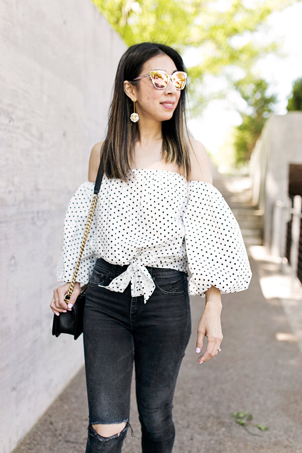 Style of Sam | Polka Dot Puff Sleeve Off the Shoulder Top