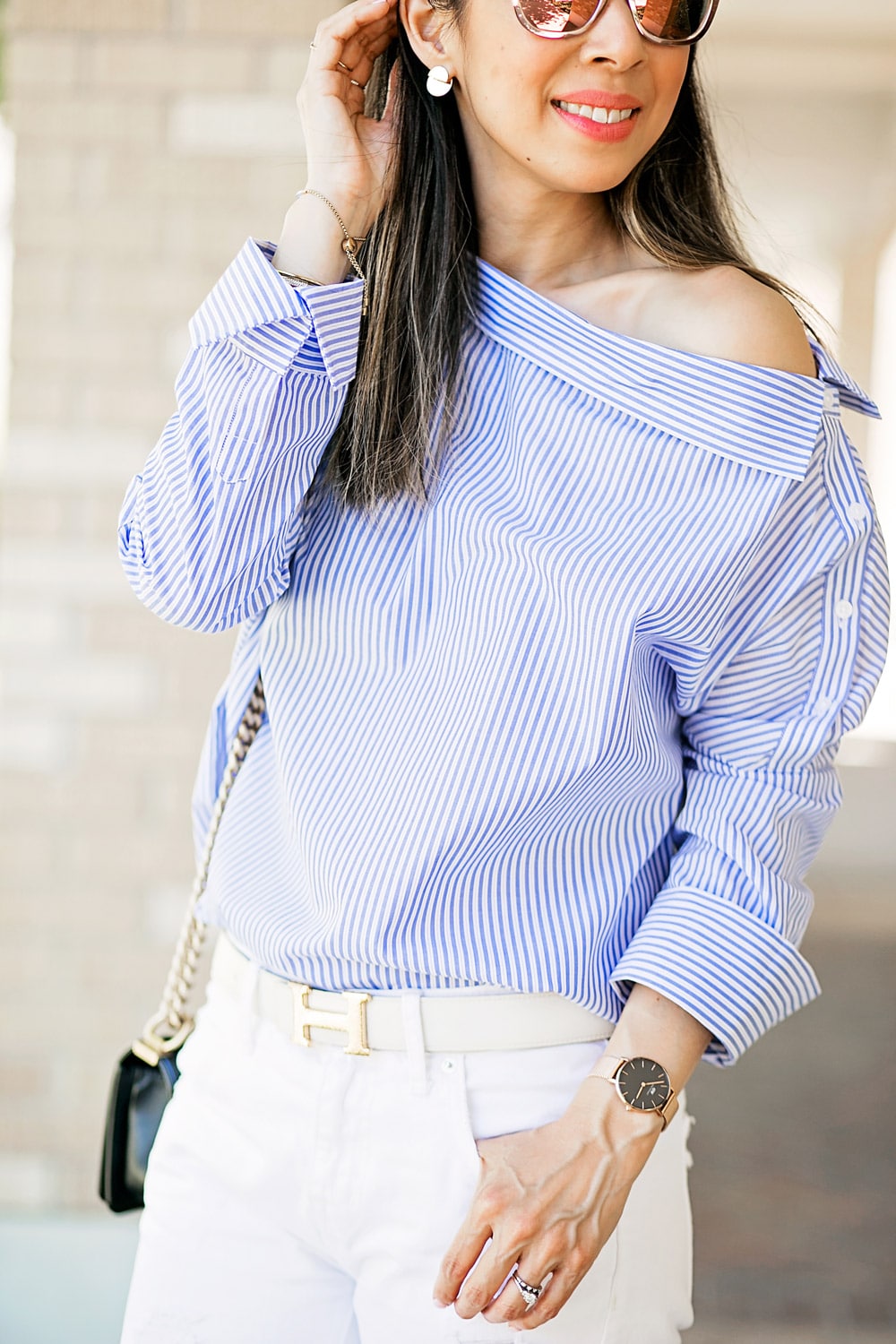 who what wear one shoulder button top with white boyfriend jeans, hermes belt and daniel wellington classic petite rose gold watch
