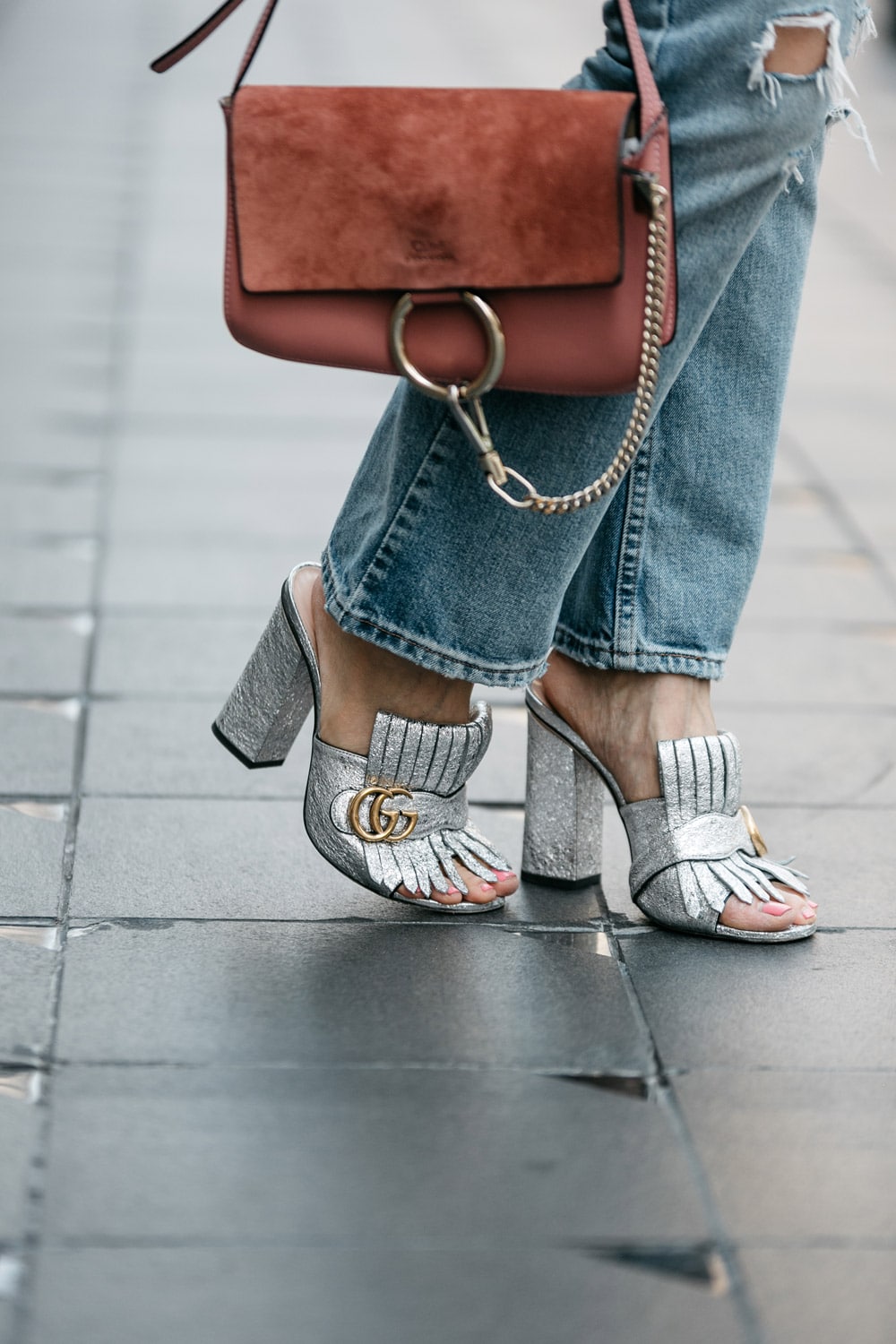 gucci marmont silver fringe mules and rose pink chloe faye bag