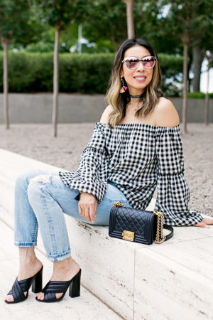 who what wear collection bardot sleeve gingham off the shoulder top with levi's light wash mom jeans and baublebar sandbar earrings, chanel boy bag and gucci webby mules