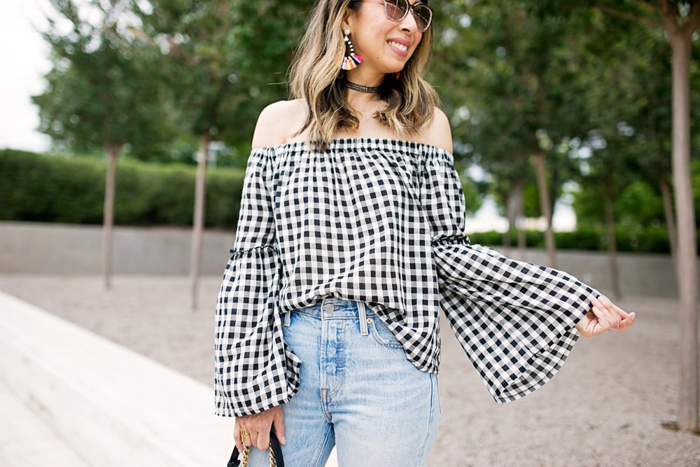 who what wear collection bardot sleeve gingham off the shoulder top with levi's light wash mom jeans and baublebar sandbar earrings