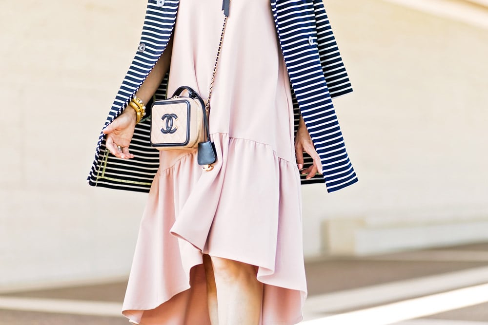cabi maritime striped trench blush pink drop waist dress chanel vanity bag