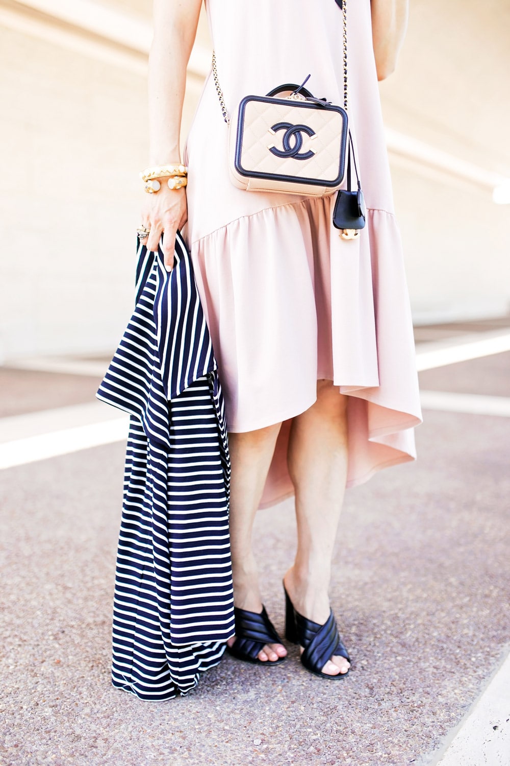 cabi maritime striped trench blush pink drop waist dress chanel vanity bag gucci webby mules