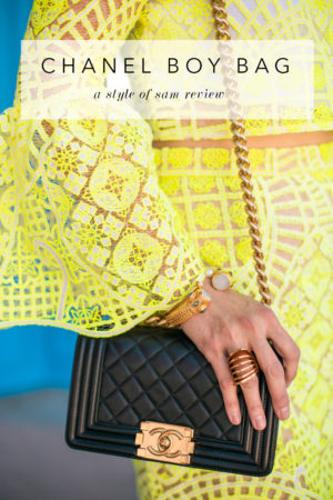 small chanel boy bag review, julie vos bangle, alexis yellow lace bell sleeve top