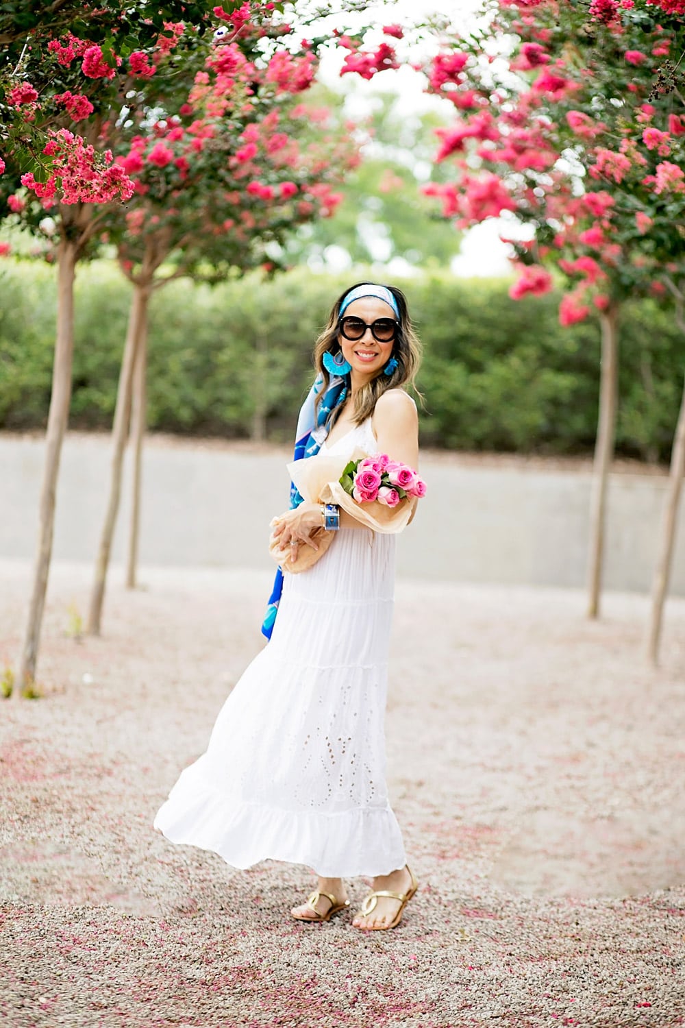 hermes les cles maxi twilly head scarf white eyelet maxi dress figue gypsy turquoise earrings prada baroque sunglasses santorini inspired vacation outfit