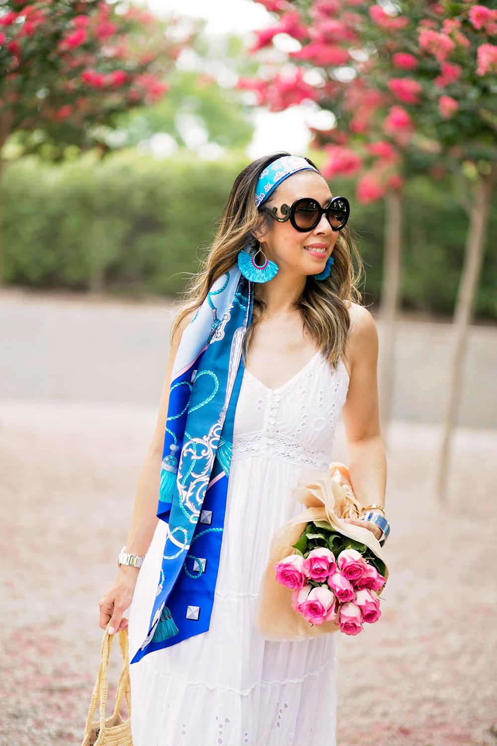 hermes les cles maxi twilly head scarf white eyelet maxi dress figue gypsy turquoise earrings prada baroque sunglasses santorini inspired vacation outfit