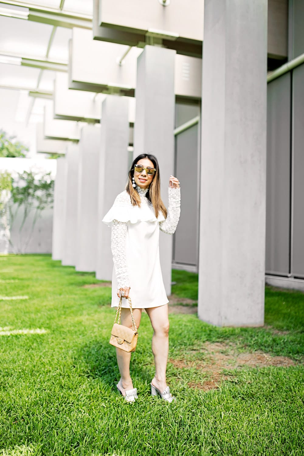 Self Portrait Military Cape Dress dupe shein white ruffle lace dress chanel mini flap gucci cracked silver marmont mules
