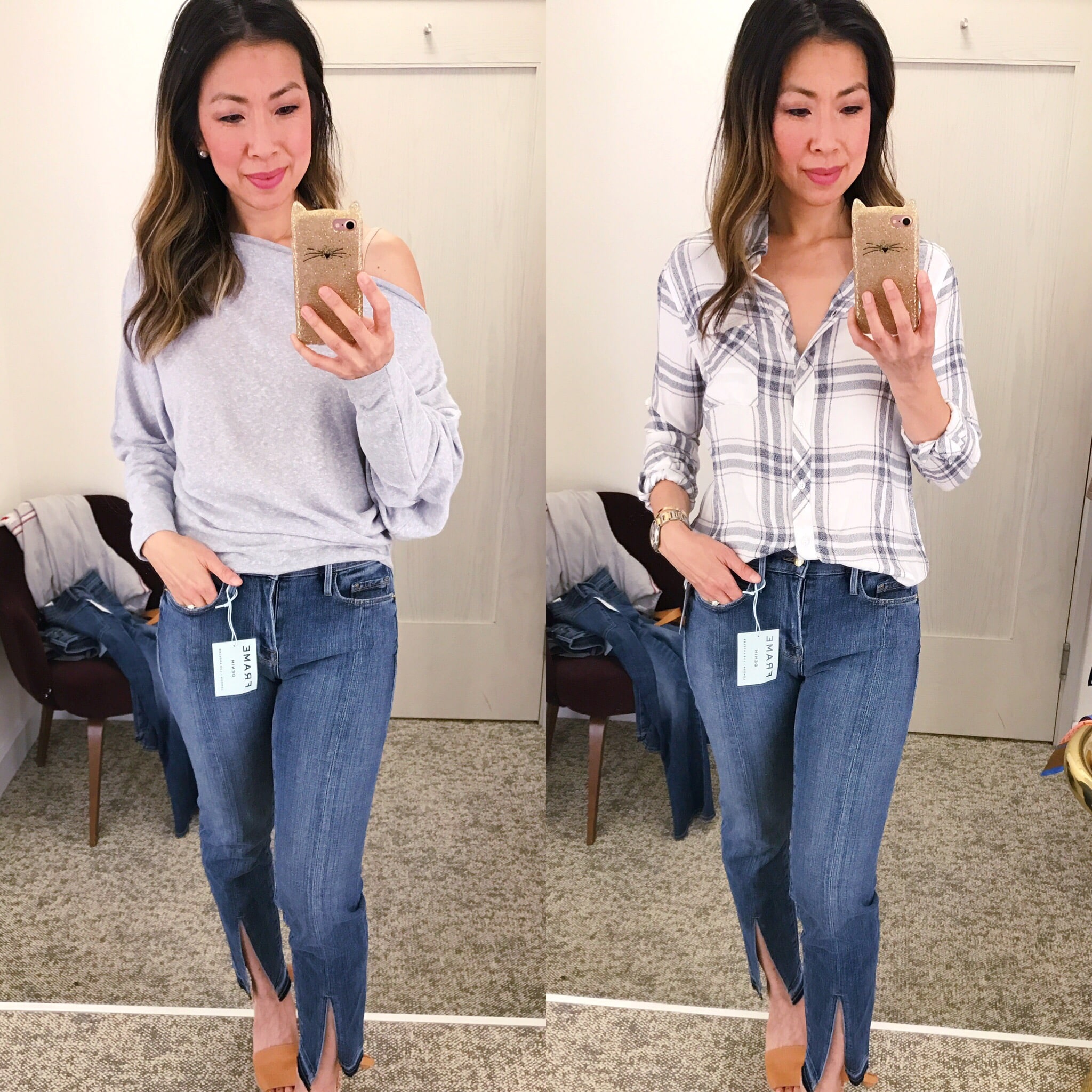 Nordstrom Anniversary Sale Dressing Room Diaries 2017 free people off the shoulder top rails hunter plaid button down shirt