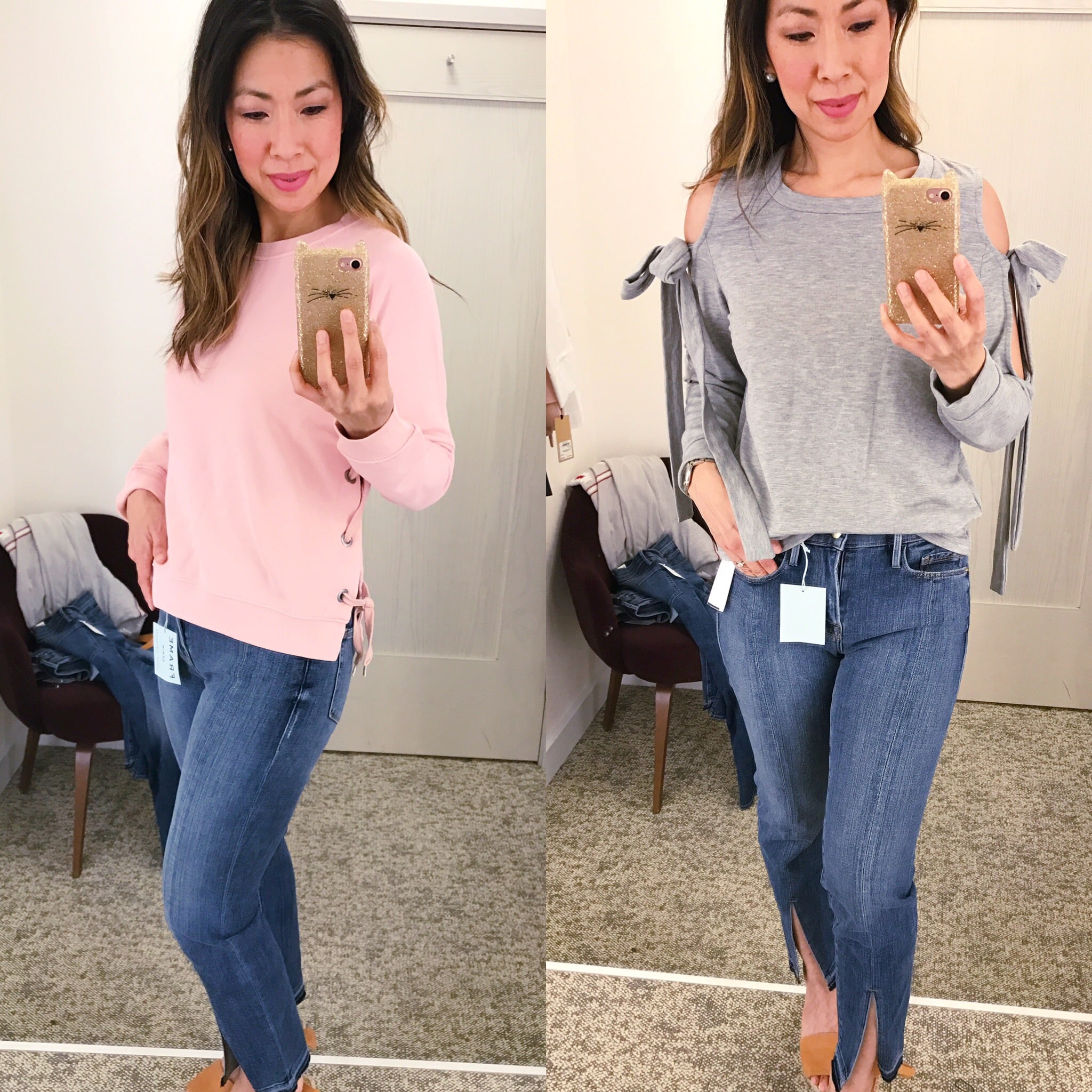 Nordstrom Anniversary Sale Dressing Room Diaries 2017 sincerely jules lace-up sweatshirt grey cold shoulder bow tee