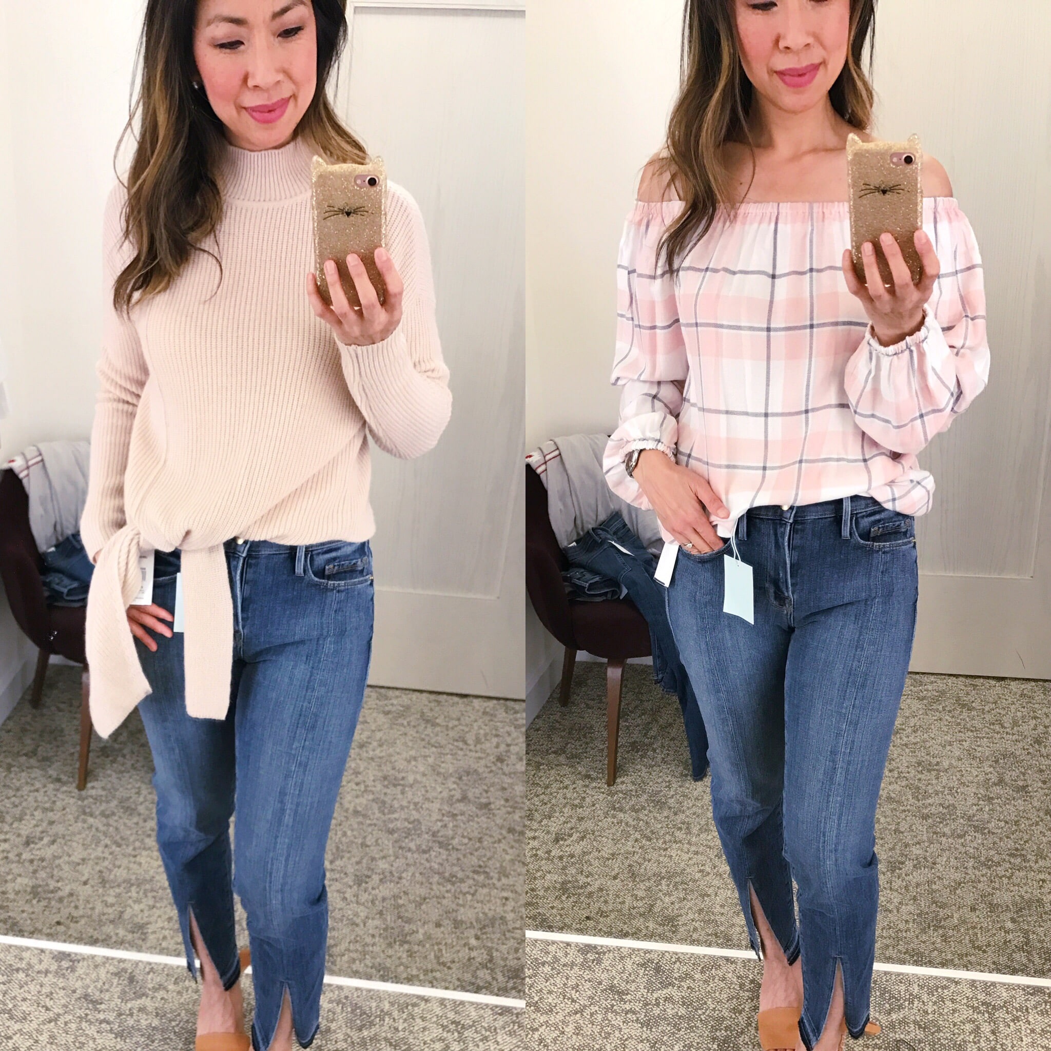NSale Dressing Room Diaries 2017 botton tie sweater plaid flannet off the shoulder top