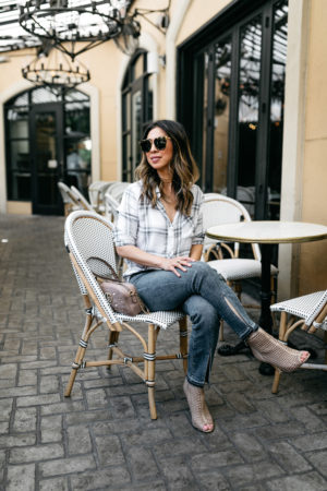 RAILS hunter plaid shirt frame front split jeans gucci pearl marmont camera bag sam edelman perforated peep toe booties