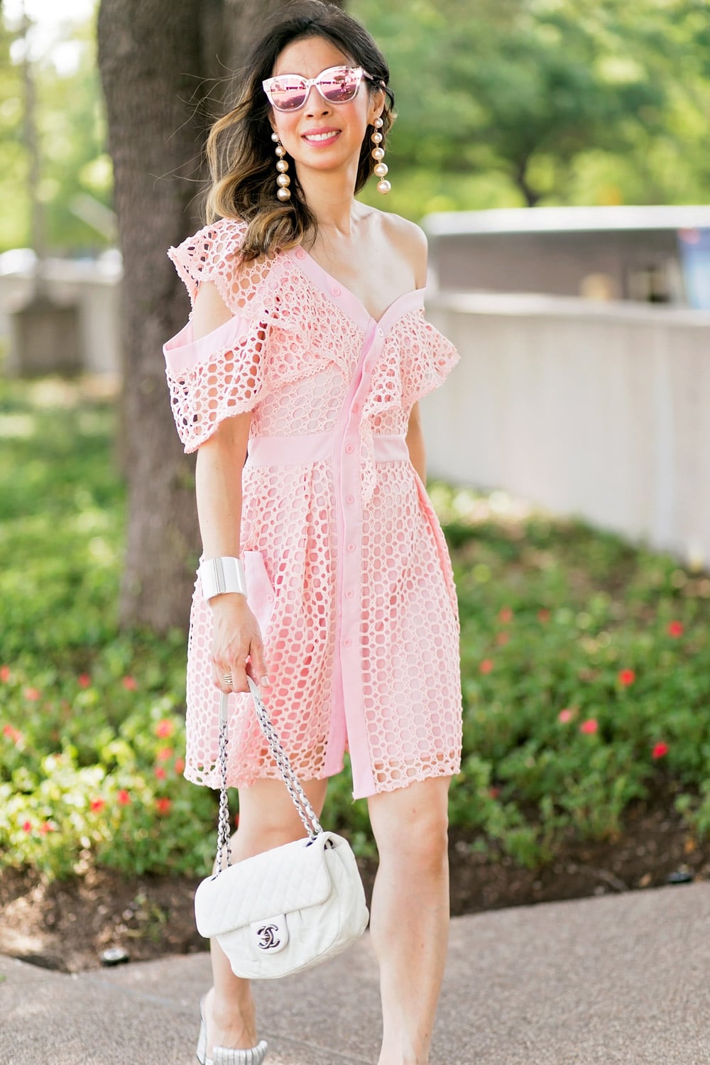 self portrait lace frill mini pink dress dupe white chanel flap gingham cuff