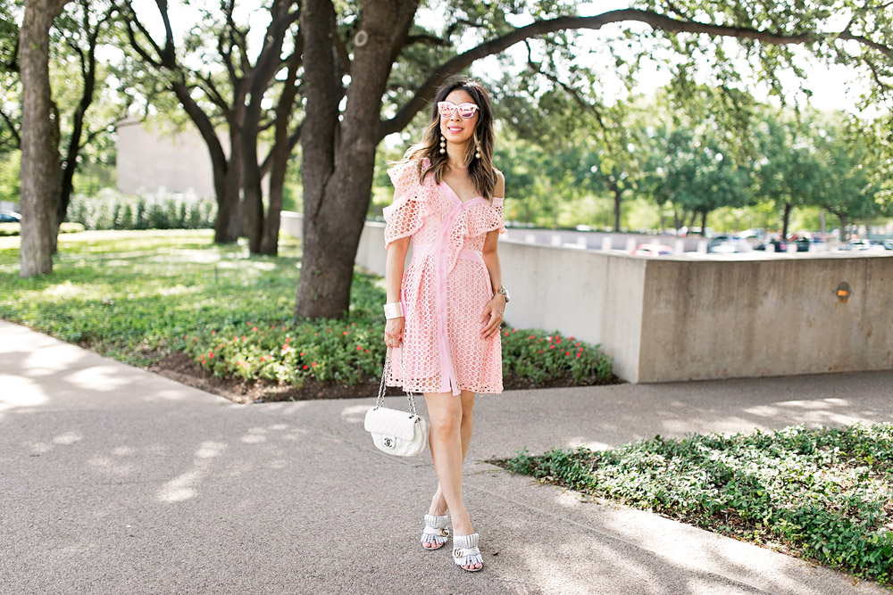self portrait lace frill mini pink dress dupe white chanel flap cuff pearl drop earrings gucci marmont silver mules