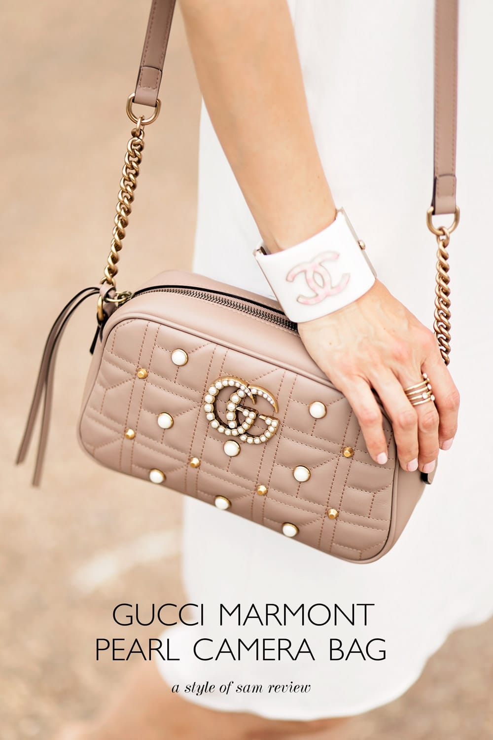gucci marmont pearl taupe nude pink camera bag review